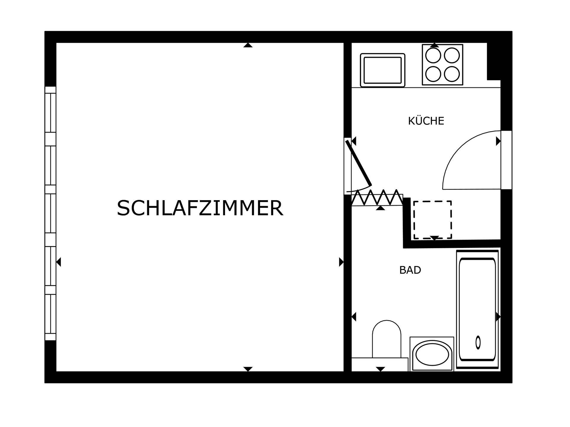 Grundriss einer Wohnung mit Schlafzimmer, Küche und Badezimmer.