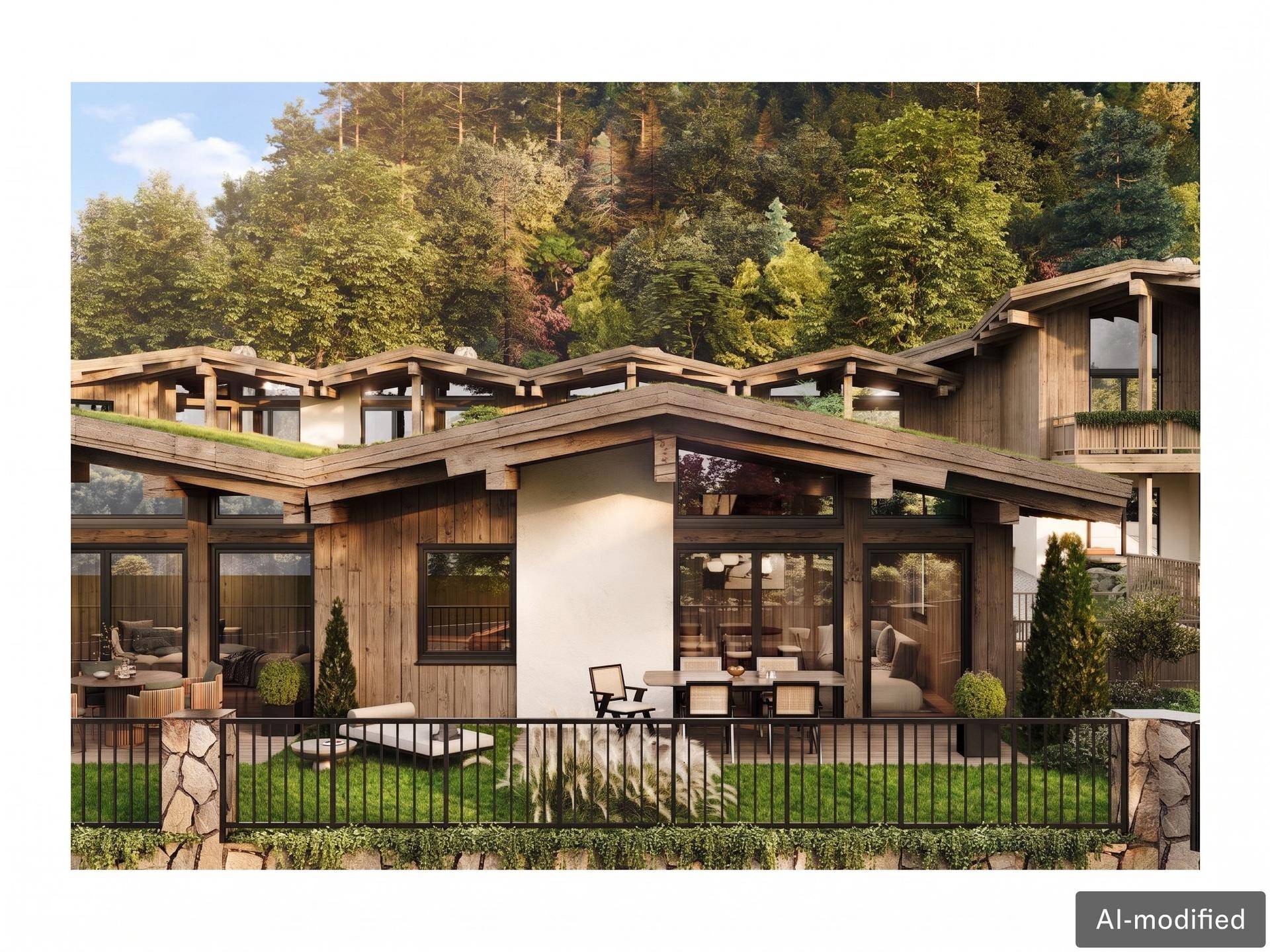 Moderne Chalet-Architektur mit privaten Gärten, Terrassen und begrünten Dächern.