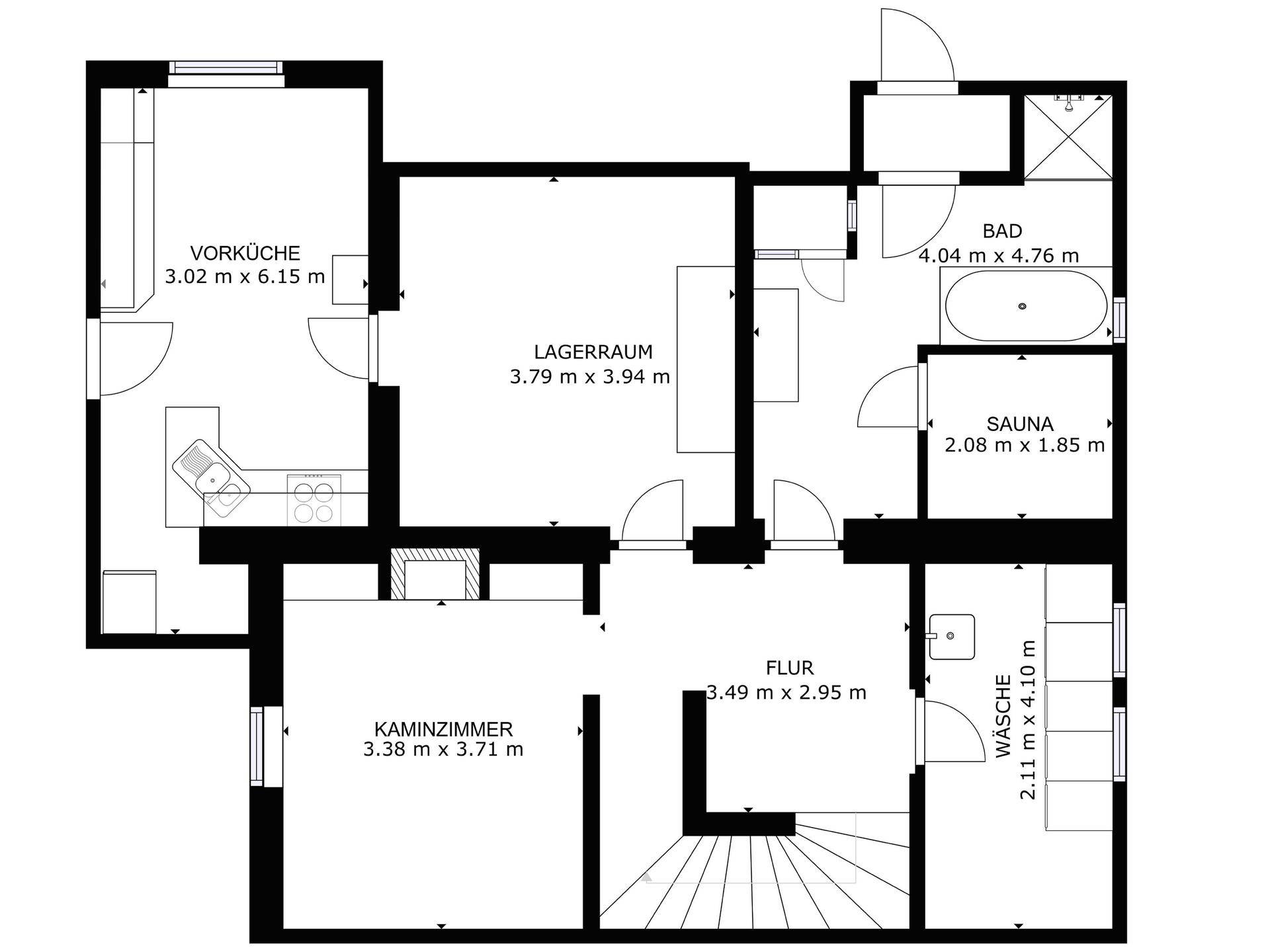 Grundriss des Untergeschosses mit Kaminzimmer, Lagerraum, Bad und Sauna.