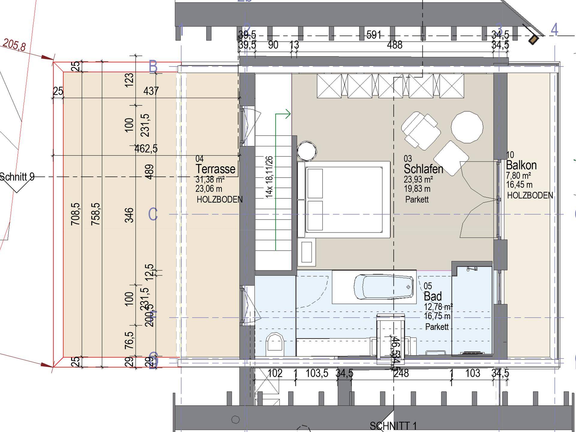 Grundriss des Obergeschosses mit Schlafzimmer, Bad, Terrasse und Balkon.