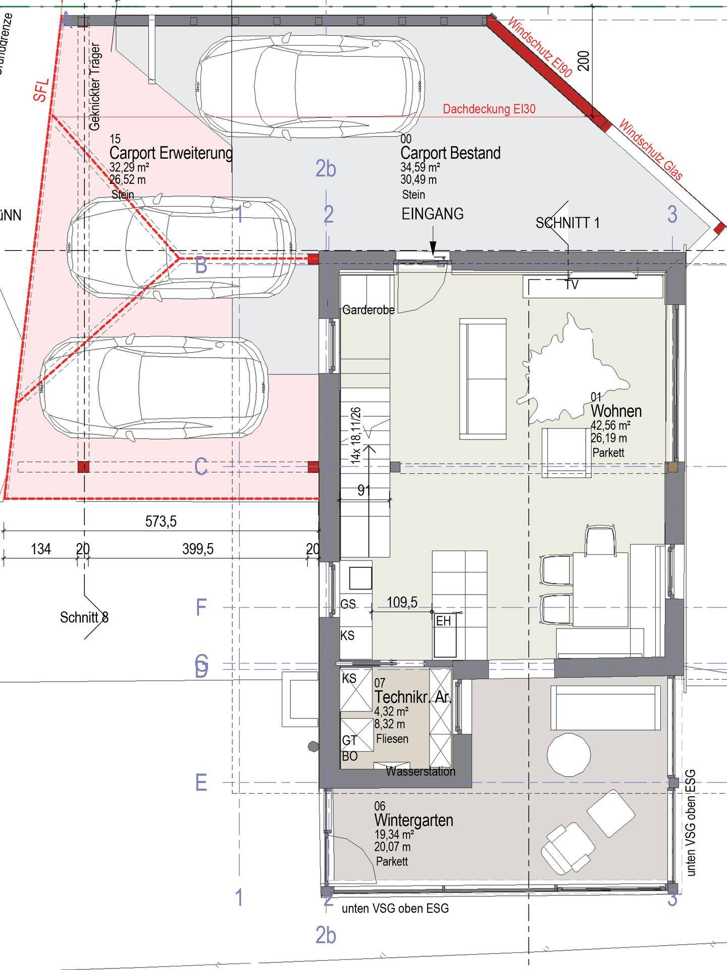 Grundriss des Erdgeschosses mit Wohnbereich, Wintergarten und Carport für zwei Fahrzeuge.