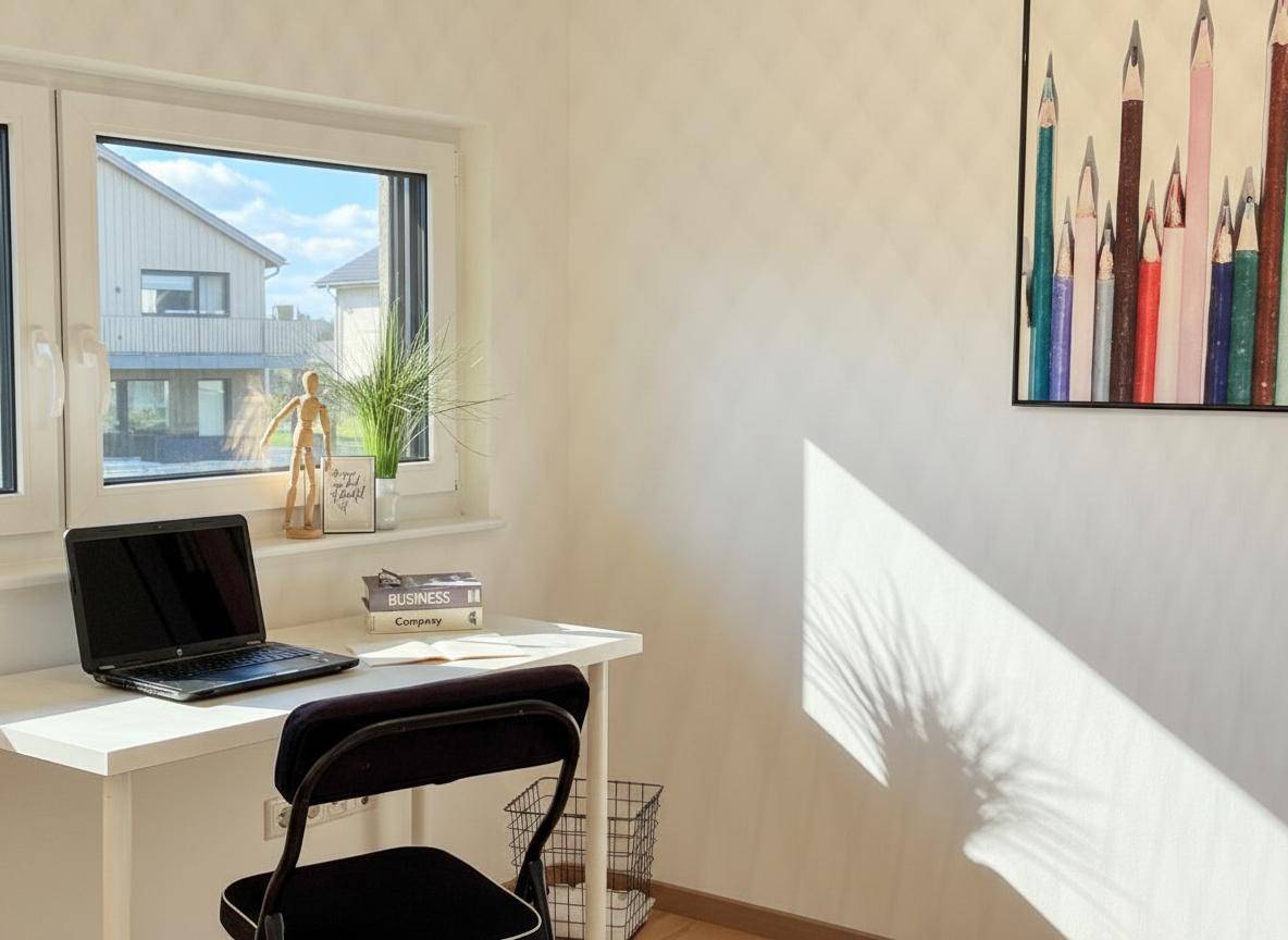 Heller Arbeitsbereich mit Schreibtisch am Fenster und Holzboden.