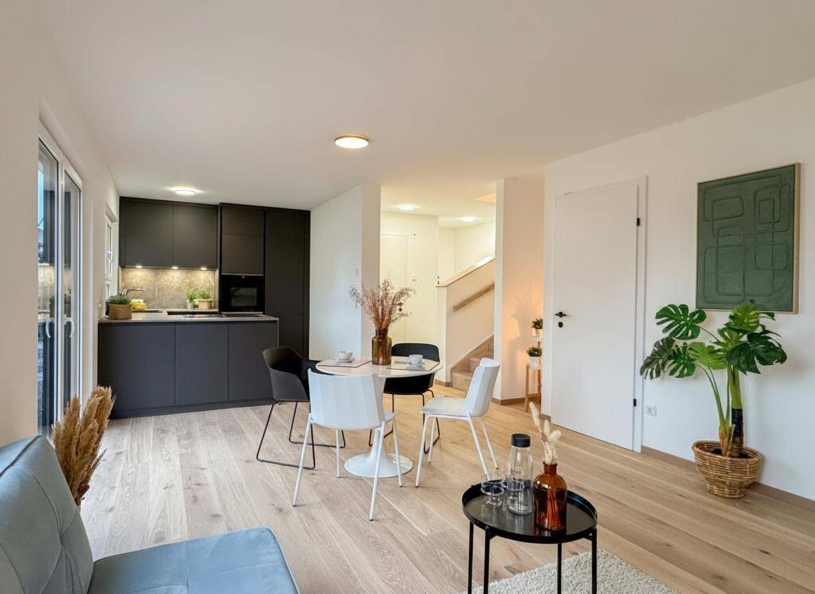 Heller, offener Wohn-Essbereich mit moderner Einbauküche und Holzboden, ideal für geselliges Beisammensein.