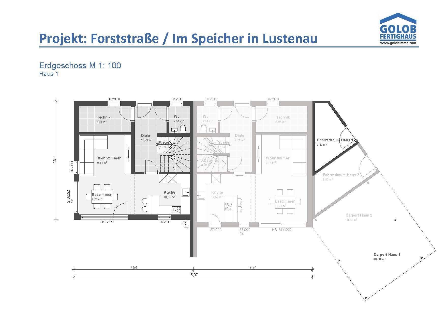 Grundriss des Erdgeschosses mit offenem Wohn- und Essbereich, Küche, Technikraum und Carport.