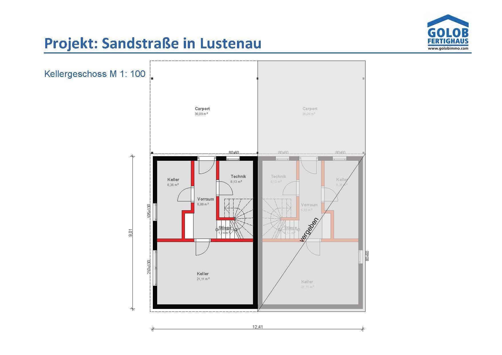 Grundriss des Kellergeschosses mit Kellerräumen, Technikraum und Carport-Zugang.