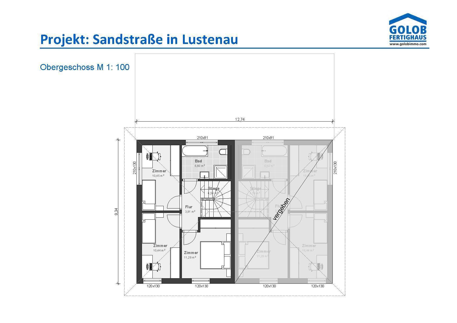 Grundriss des Obergeschosses mit drei Schlafzimmern, einem Badezimmer und Flur.