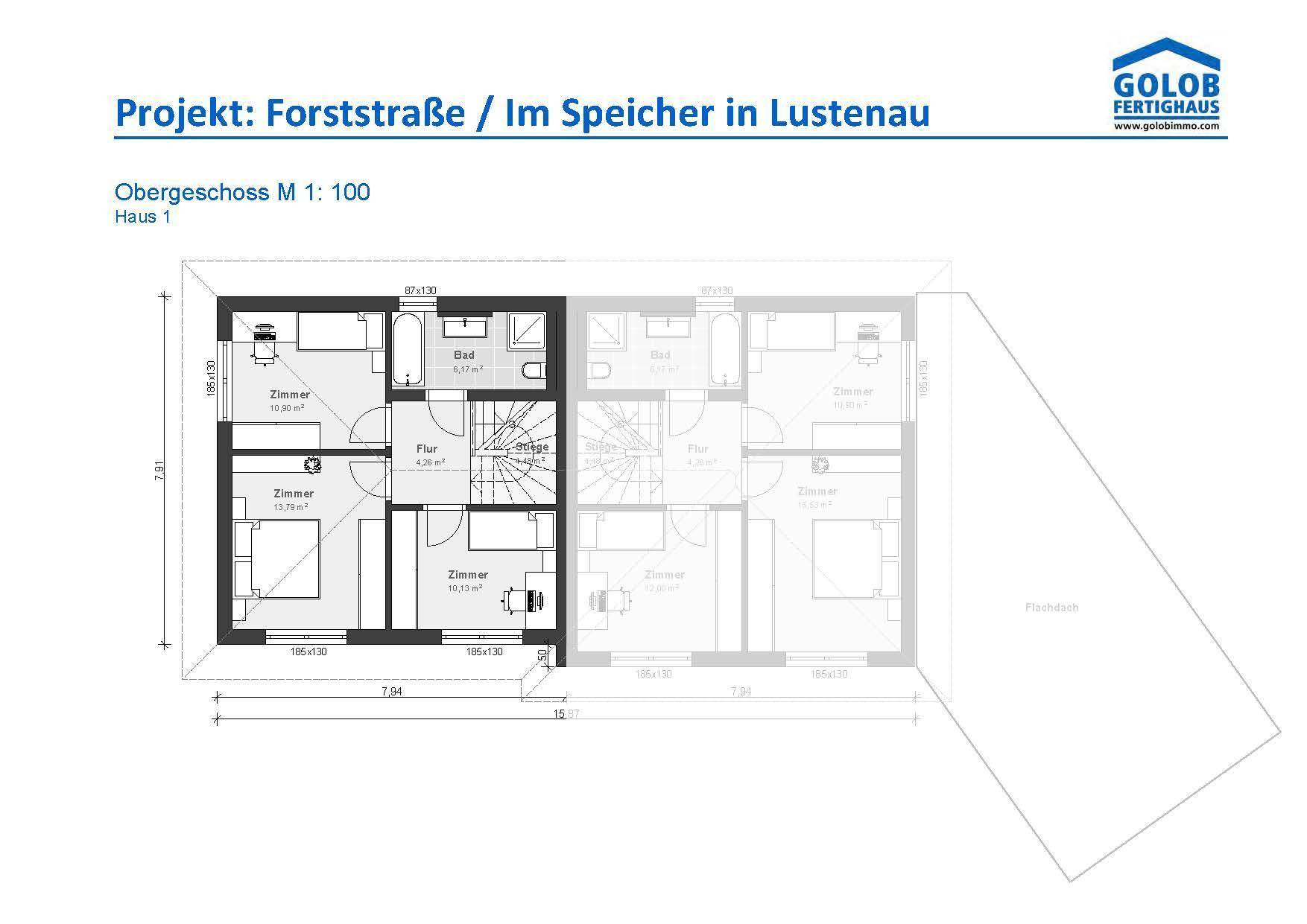Grundriss des Obergeschosses mit mehreren Schlafzimmern und einem Badezimmer, verbunden durch einen Flur.