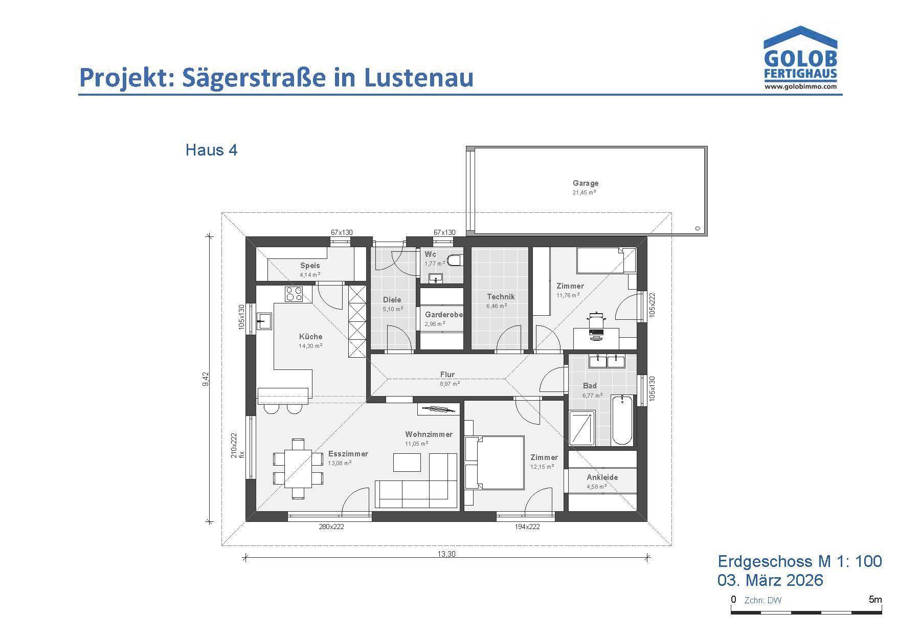 Grundriss des Erdgeschosses mit offener Küche, Wohnzimmer, zwei Schlafzimmern und Garage.