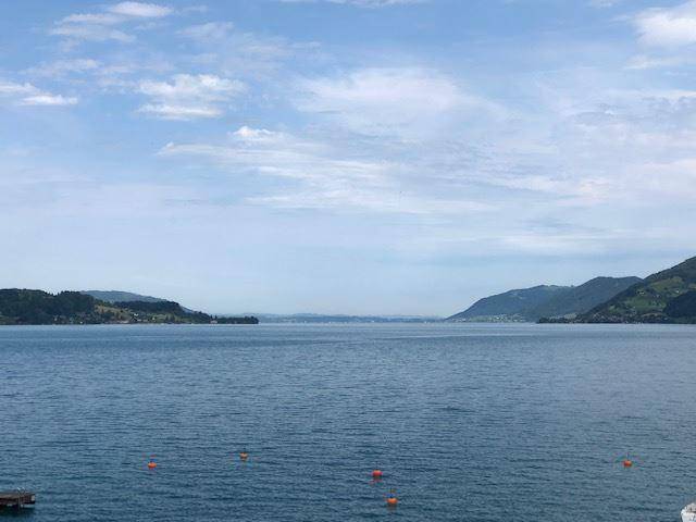 Ruhiger Seeblick mit sanften Hügeln im Hintergrund unter einem klaren Himmel.