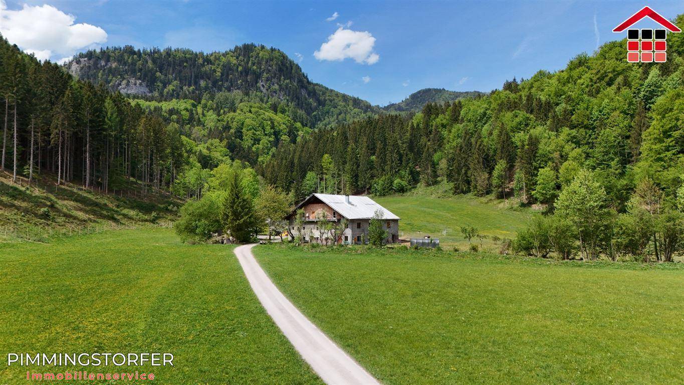 Charmantes Landhaus inmitten einer malerischen Berglandschaft mit grünen Wiesen und Bäumen.