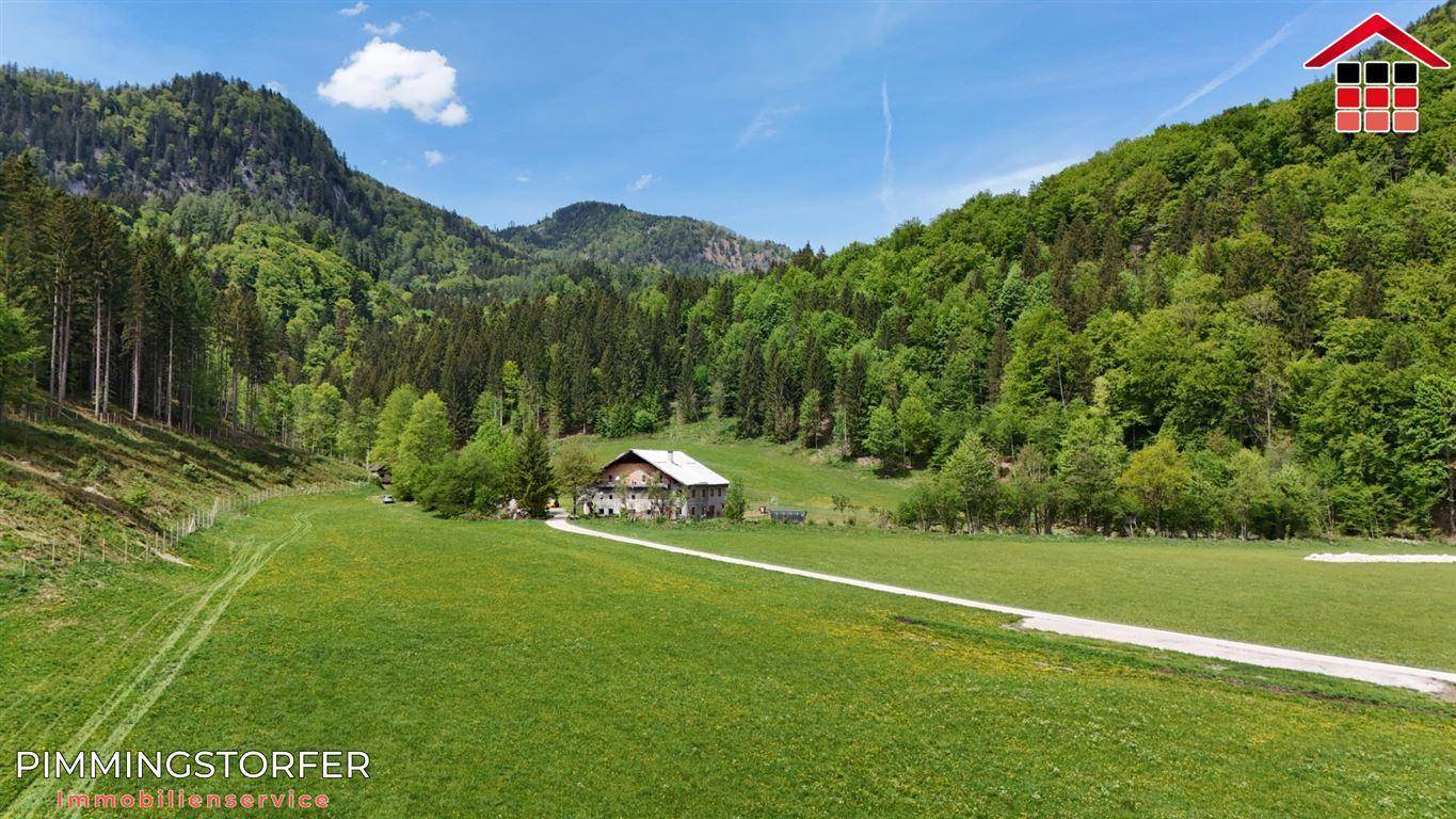 Ländliches Anwesen umgeben von grünen Wiesen und bewaldeten Hängen unter blauem Himmel.