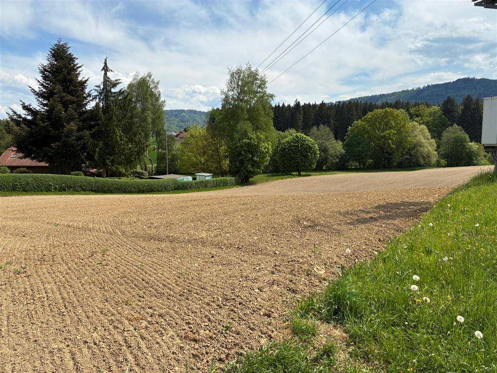 Ackerland mit frischer Erde und angrenzender Wiese, umgeben von Bäumen und Hügeln.