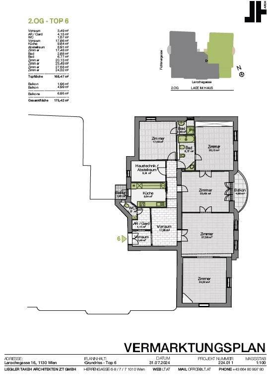 Detaillierter Vermarktungsplan der Wohnung mit mehreren Zimmern und Balkonen.