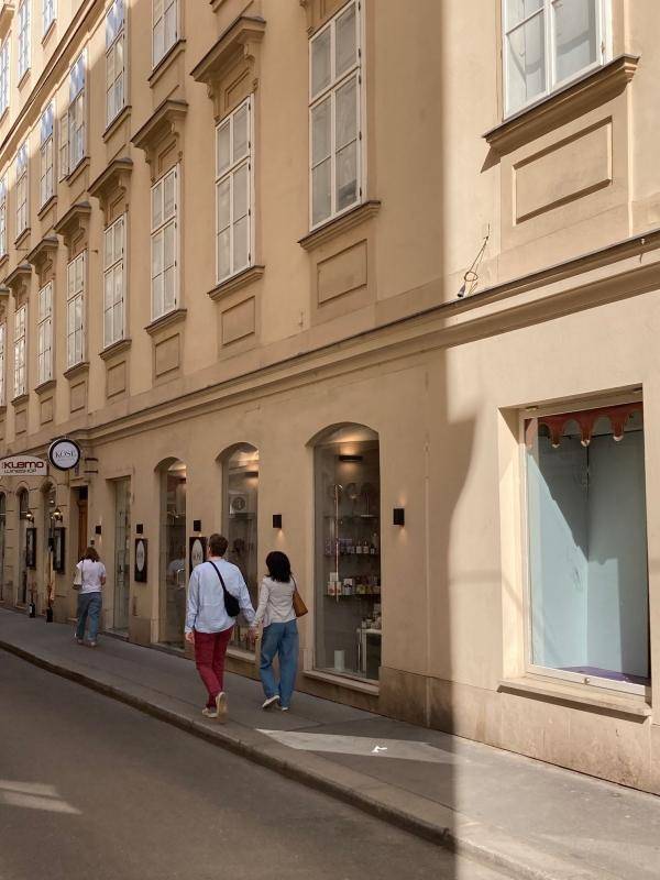 Belebte Gasse mit historischen Gebäuden, Schaufenstern und Passanten, die das Stadtbild prägen.