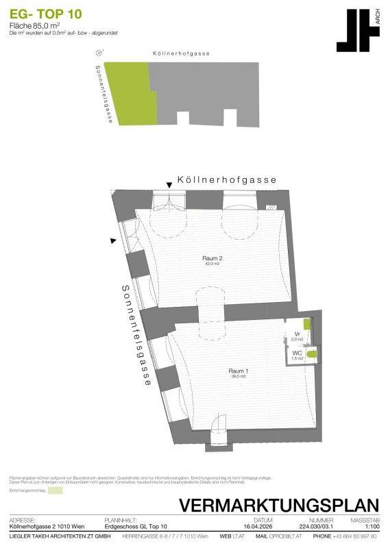 Grundrissplan zeigt zwei Räume, ein WC und einen Waschmaschinenanschluss im Erdgeschoss.