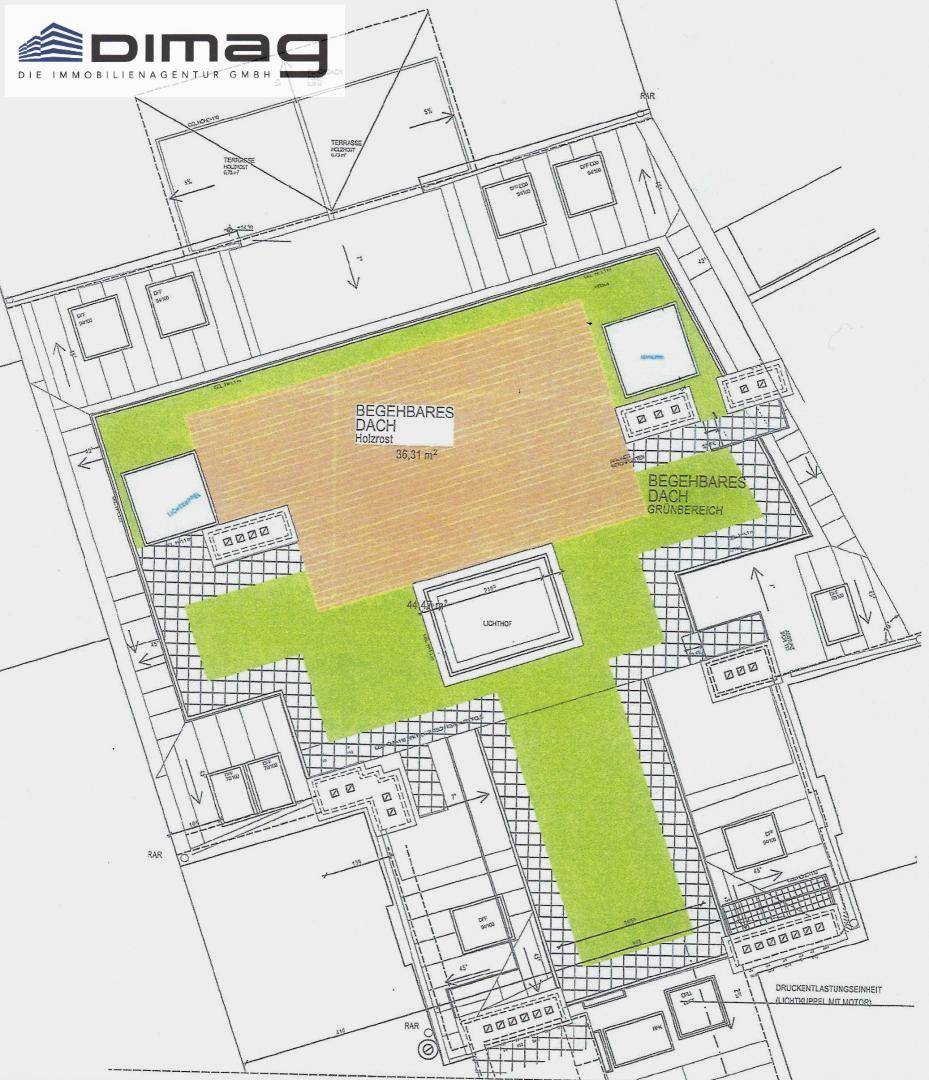Grundriss der Dachebene mit begehbarer Dachfläche und Grünbereich.