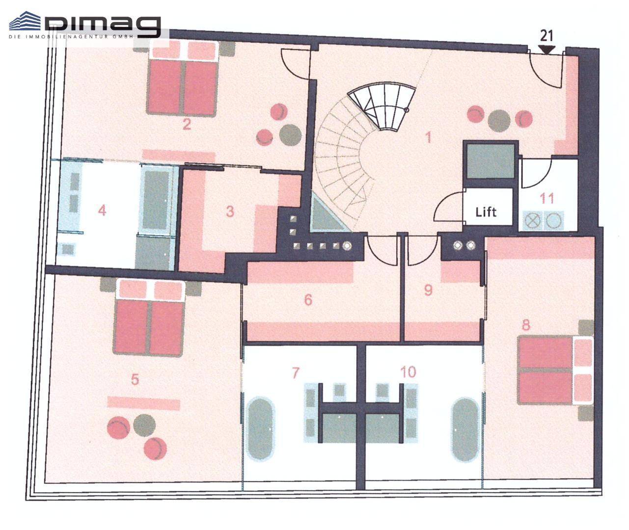 Grundriss des Schlafgeschosses mit drei Schlafzimmern, zwei Bädern und Wendeltreppe.