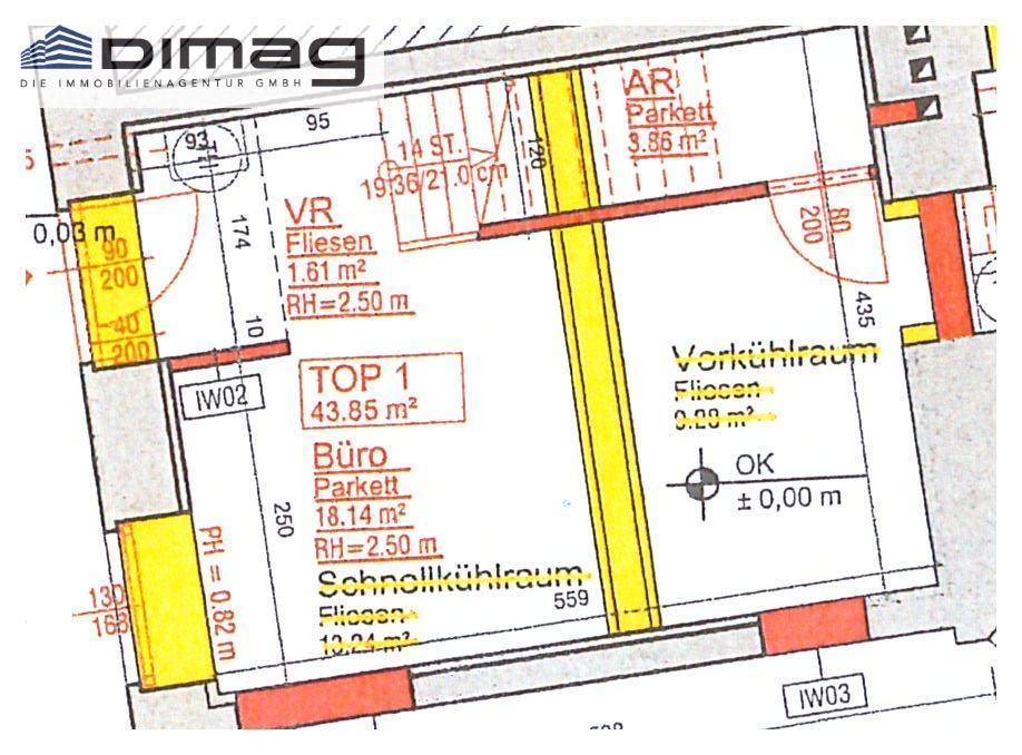 Grundriss zeigt einen Bereich mit Abstellraum, Vorraum und Büroflächen.
