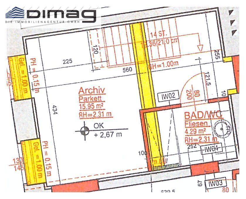 Grundriss mit Archiv, Bad/WC und Treppenaufgang.