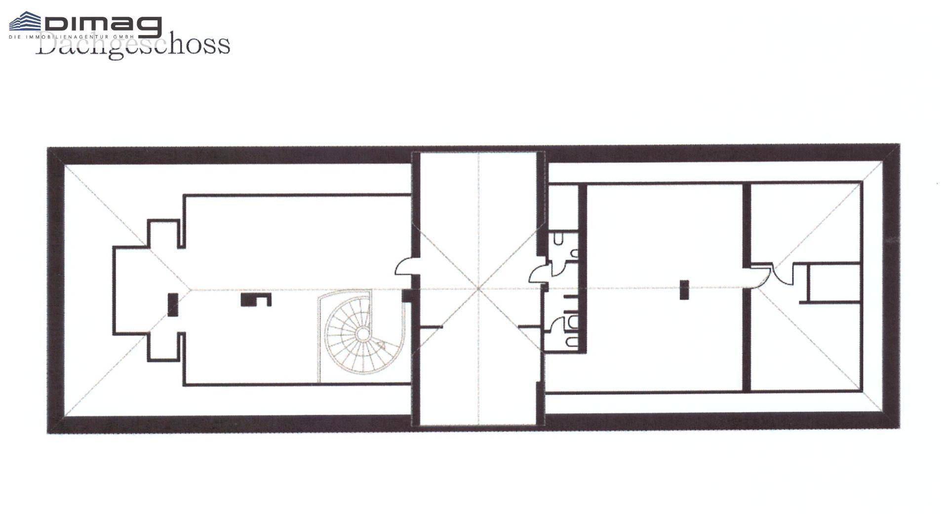 Grundriss des Dachgeschosses mit Raumaufteilung, Wendeltreppe und angedeuteten Dachschrägen.