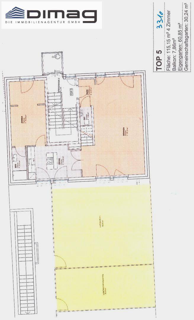 Grundriss für TOP 5 mit vier Zimmern, Balkon und eigenem Gartenbereich im Erdgeschoss.