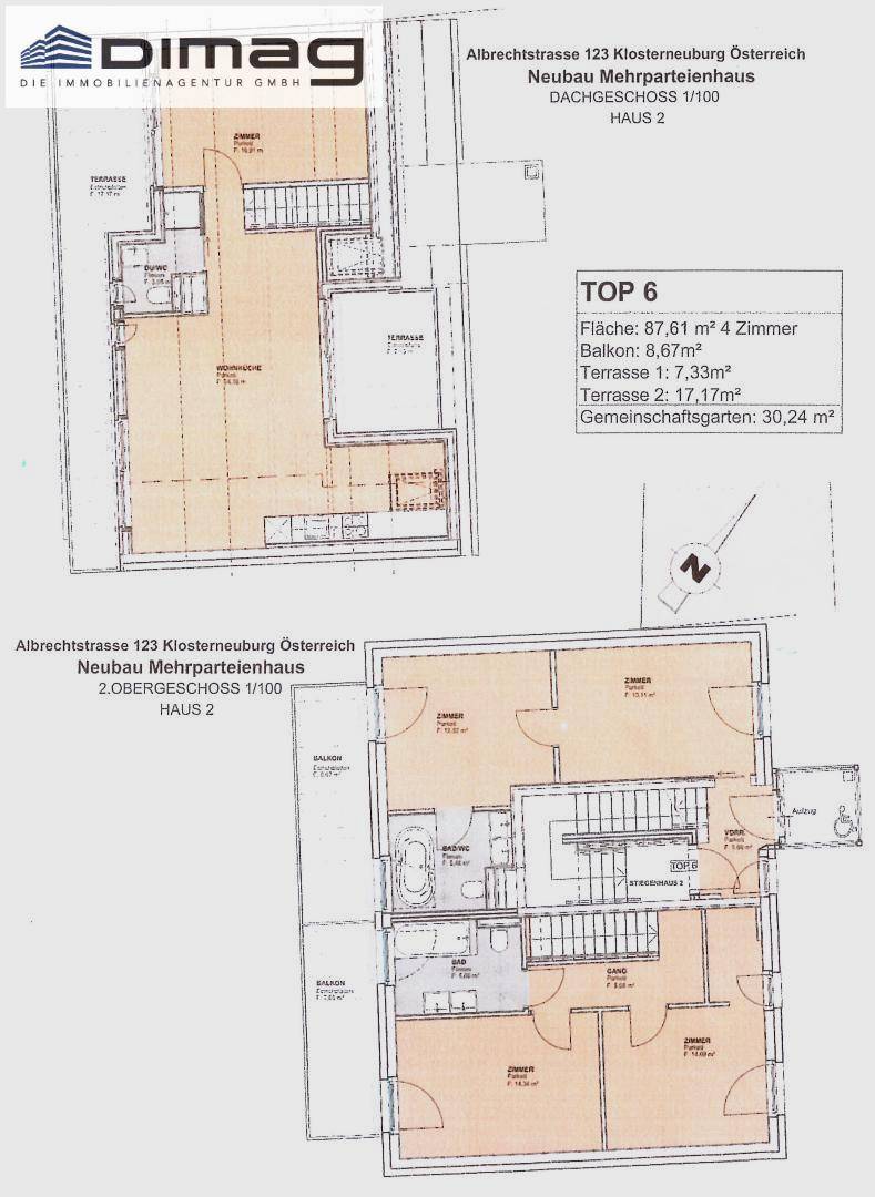 Grundrisse für zwei Wohneinheiten (TOP 6 und 2. Obergeschoss) mit Balkon und Terrassen.