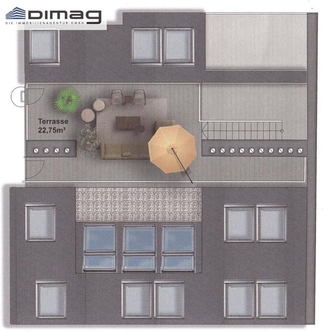 Grundriss zeigt eine großzügige Dachterrasse mit viel Platz für Outdoor-Möbel und Entspannung.