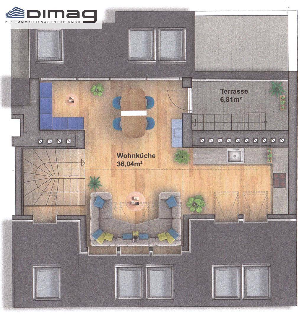 Grundriss mit offener Wohnküche und Essbereich, ergänzt durch eine weitere Terrasse.