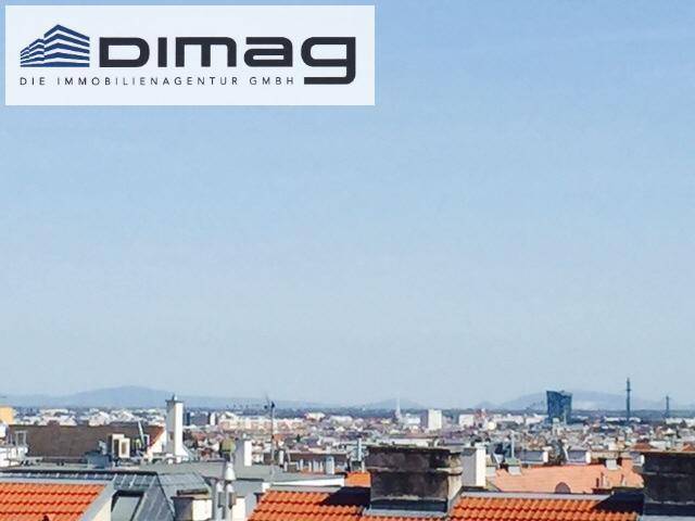 Weitläufiger Blick über die Dächer der Stadt mit Bergen am Horizont unter blauem Himmel.