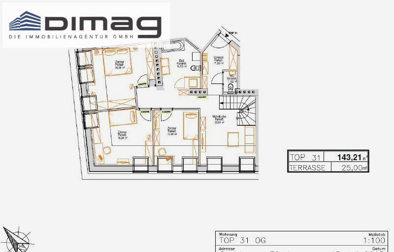Grundriss der unteren Ebene der Dachgeschosswohnung mit Zimmern und Bad.