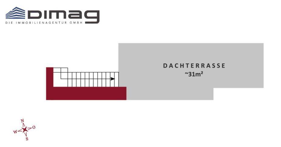 Übersicht des Dachterrassenbereichs mit Zugang über eine Treppe.