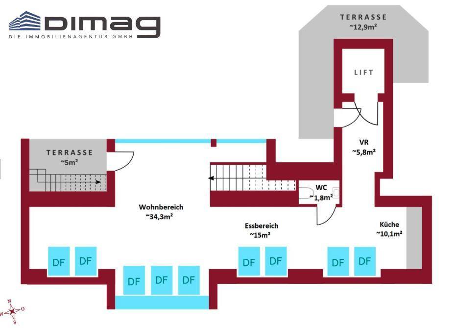 Grundriss der unteren Etage mit Wohn-, Ess- und Küchenbereich sowie Terrassen.
