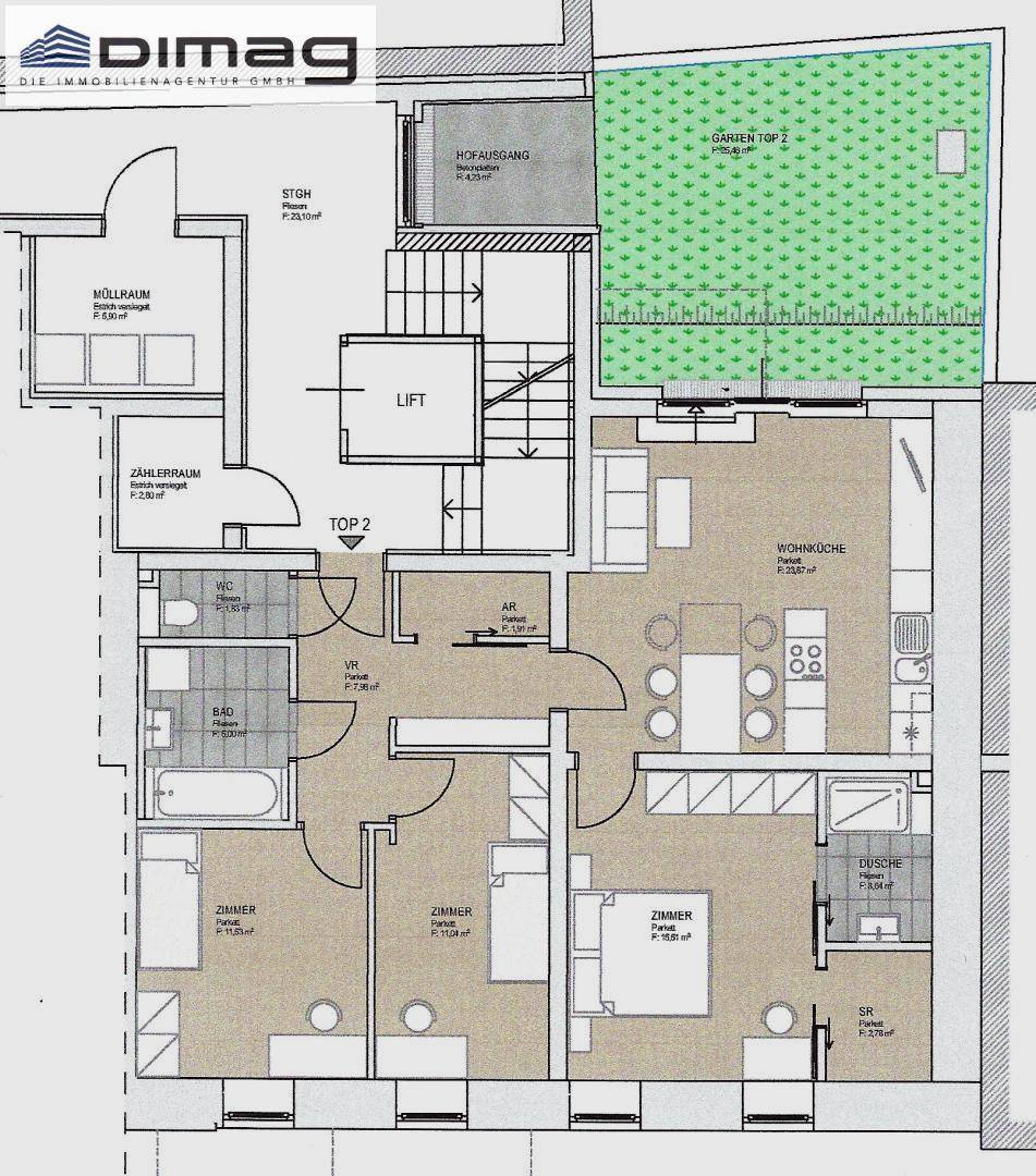 Detaillierter Grundriss der Wohnung mit drei Zimmern, offener Wohnküche und Garten.