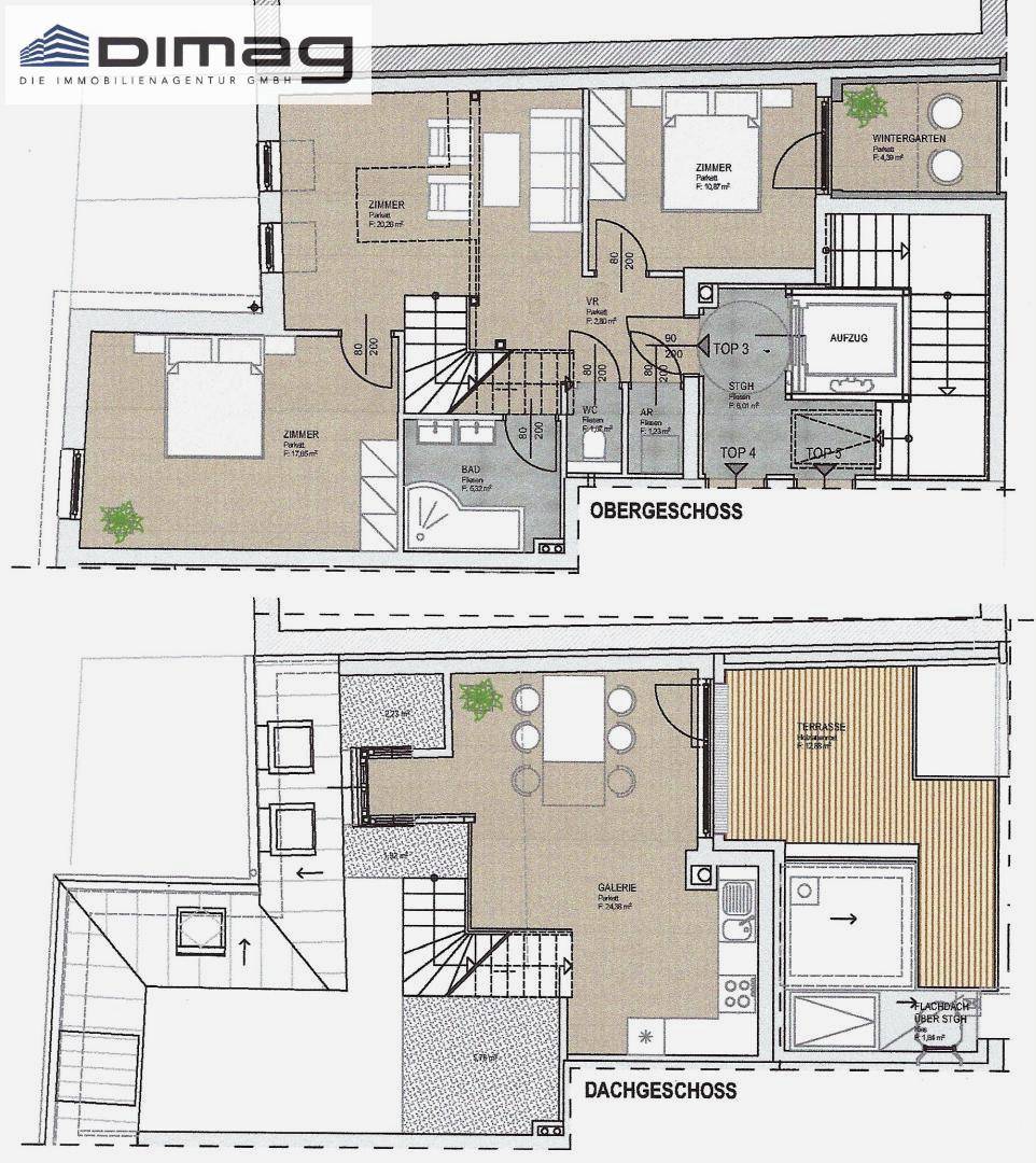 Detaillierter Grundriss zeigt die Aufteilung von Ober- und Dachgeschoss mit Wintergarten.