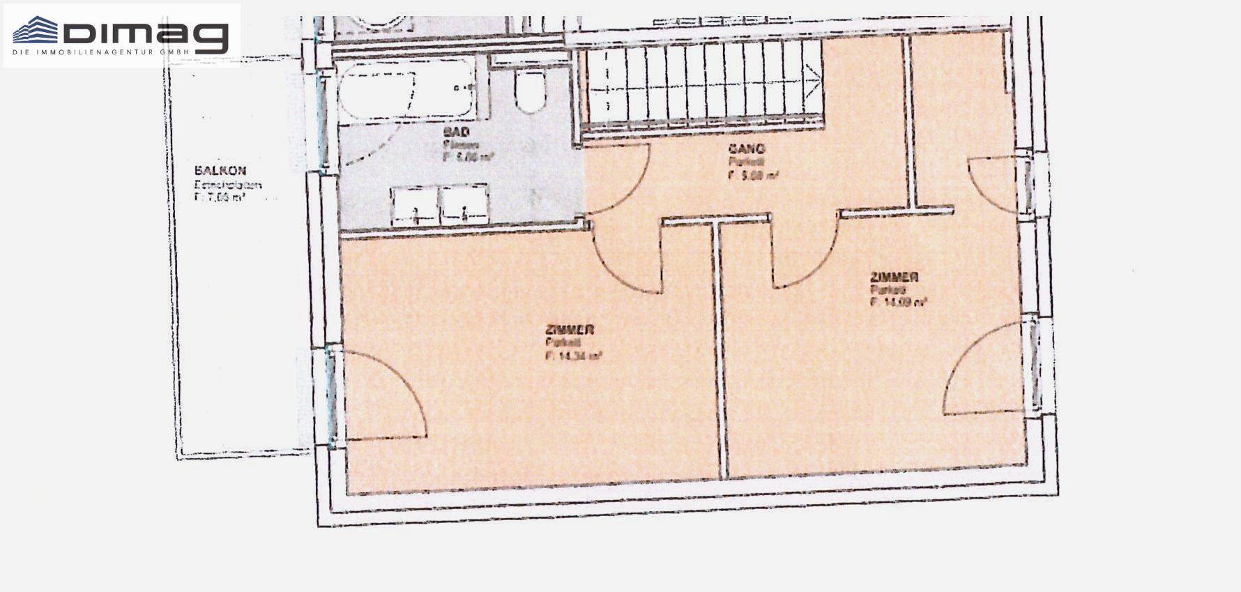 Detaillierter Grundriss eines Badezimmers und zweier Zimmer mit Balkonzugang.