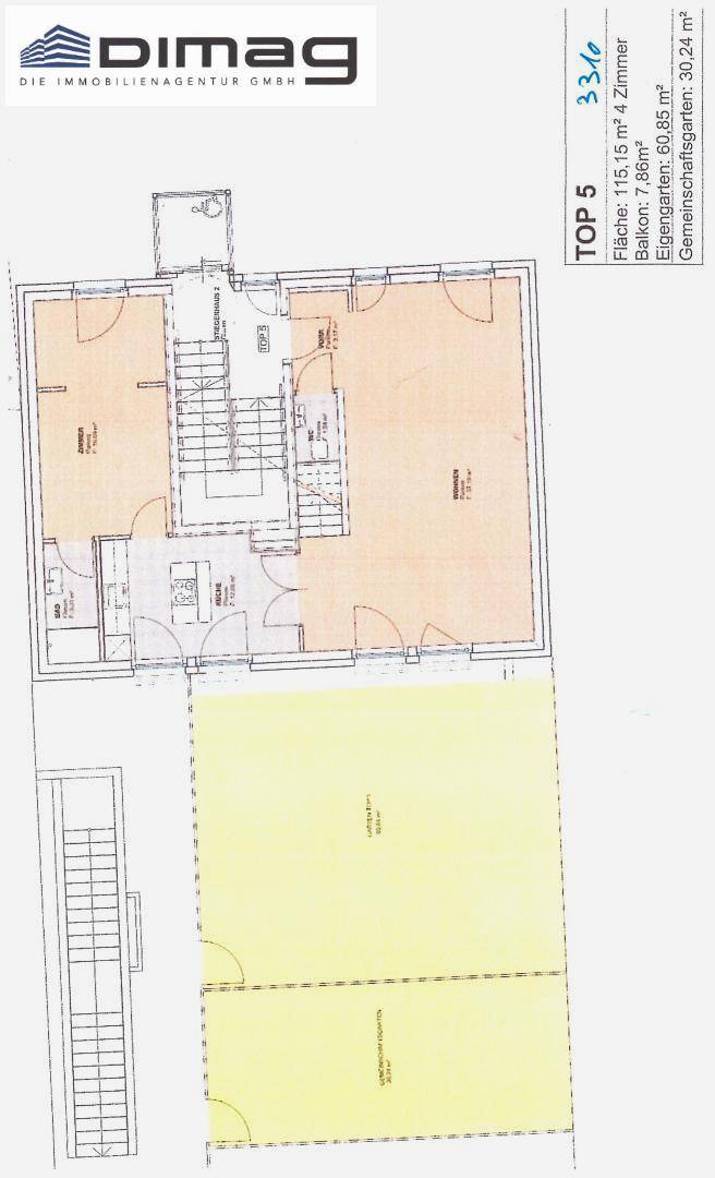 Grundriss der Wohnung Top 5 mit 4 Zimmern, Balkon und Gemeinschaftsgarten.