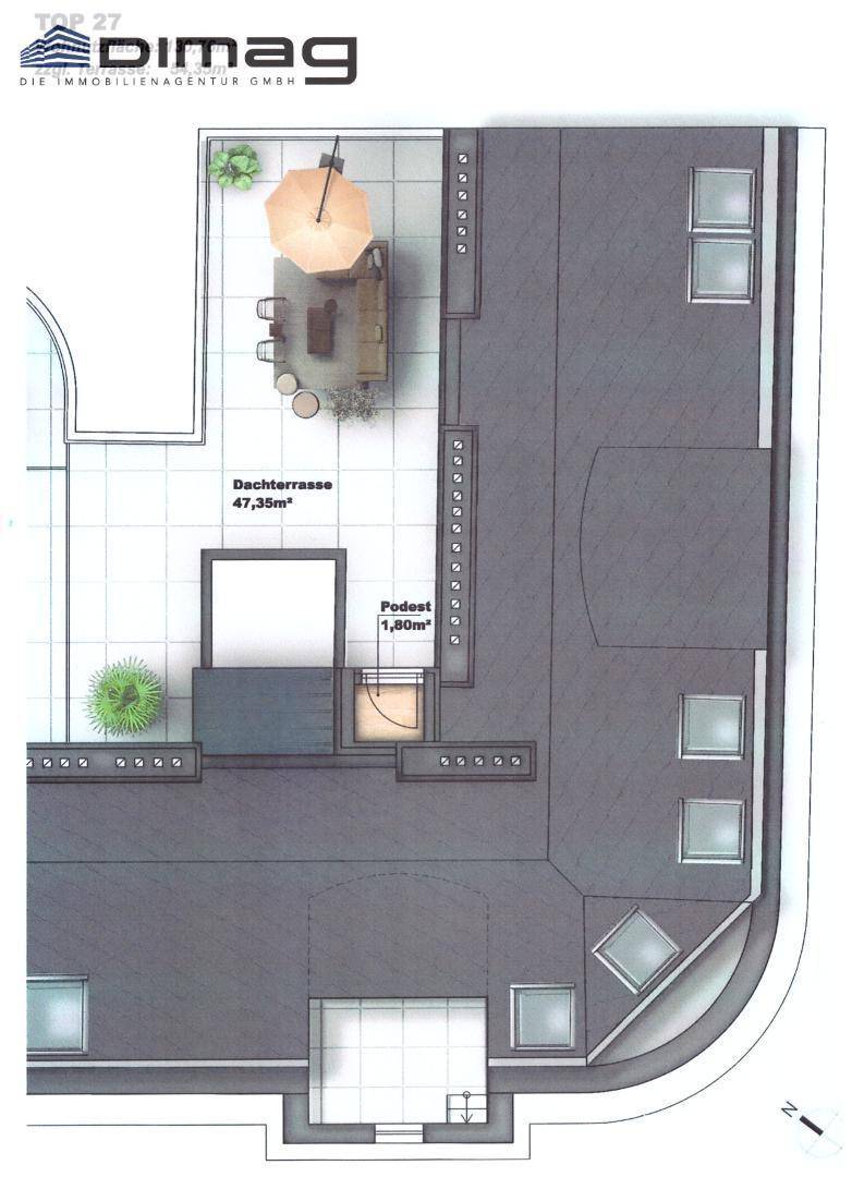 Grundriss der Dachterrasse mit Sitzbereich und viel Platz für Entspannung im Freien.