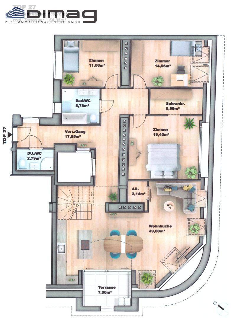 Detaillierter Grundriss einer Wohnung mit mehreren Zimmern, Wohnküche und Terrasse.