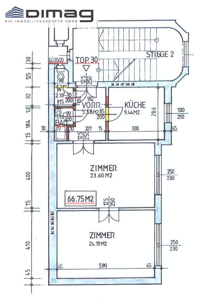 Grundriss zeigt zwei Zimmer, eine Küche und einen Vorraum mit Treppenhauszugang.