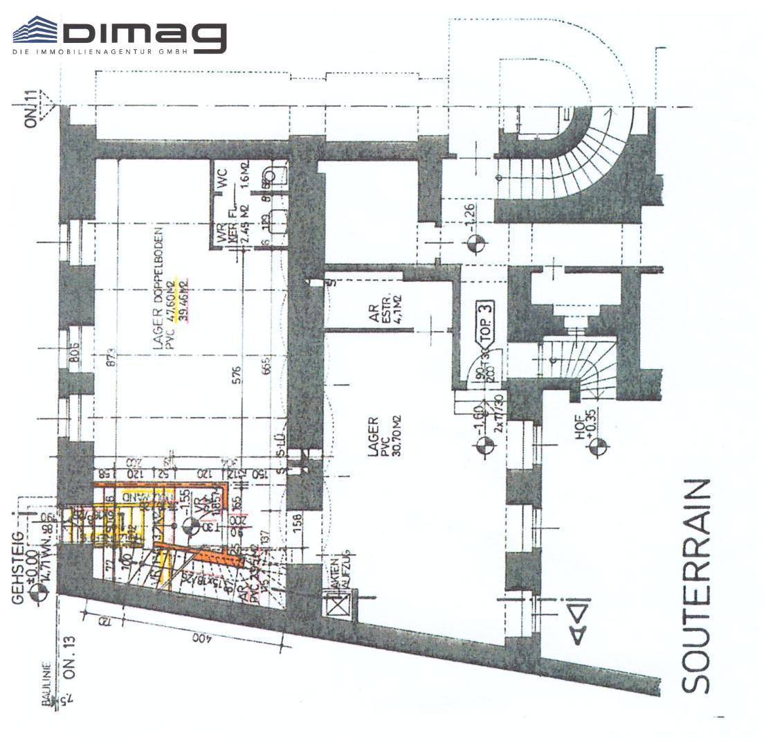 Architektonischer Grundriss des Souterrains mit Lagerflächen, WC und Treppenhaus.