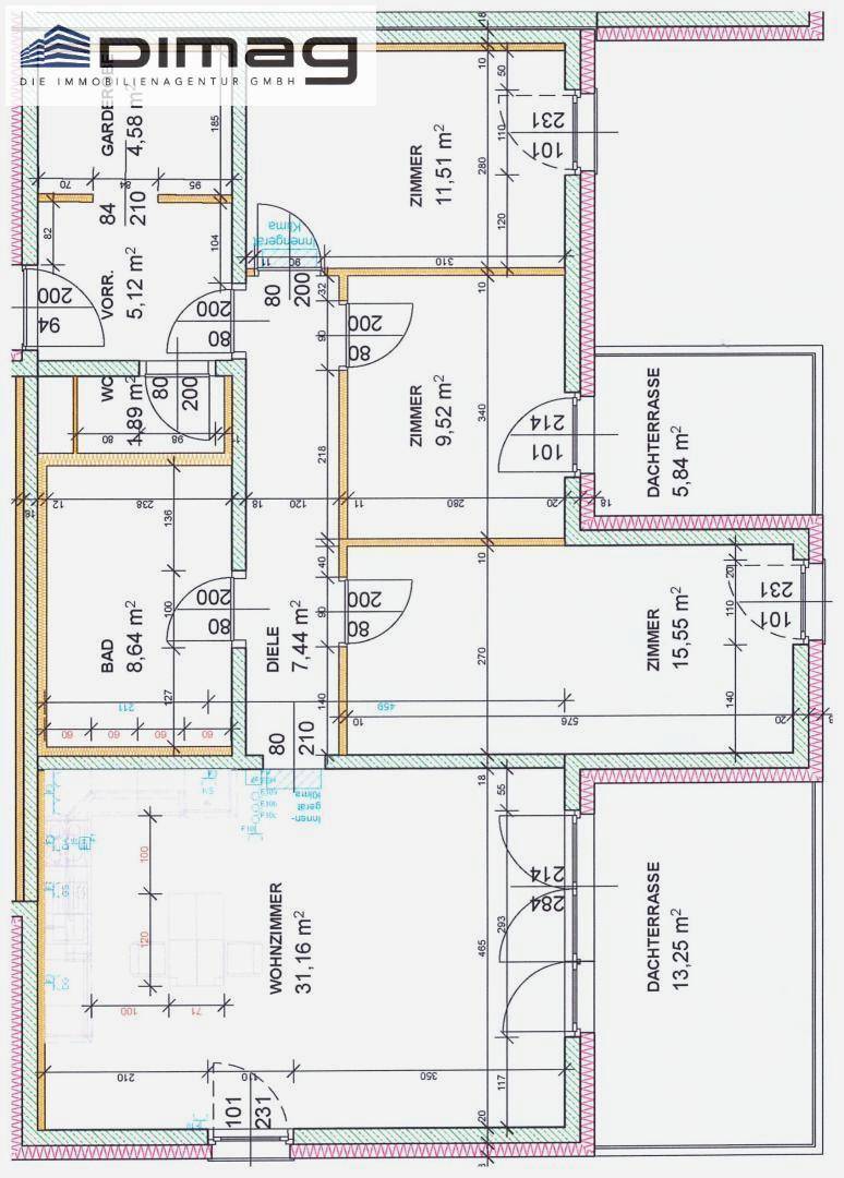 Detaillierter Grundriss der Wohnung mit Wohnzimmer, Zimmern und Dachterrassen.