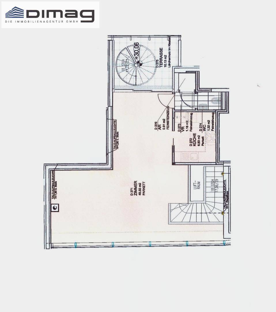 Grundriss der oberen Etage mit Zimmer, Terrasse und Wendeltreppe.