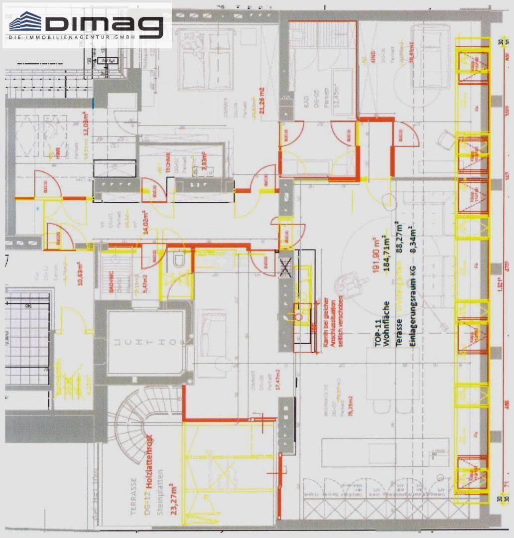 Detaillierter Grundriss der Wohnung mit Raumaufteilung, Terrassenflächen und Kaminposition.