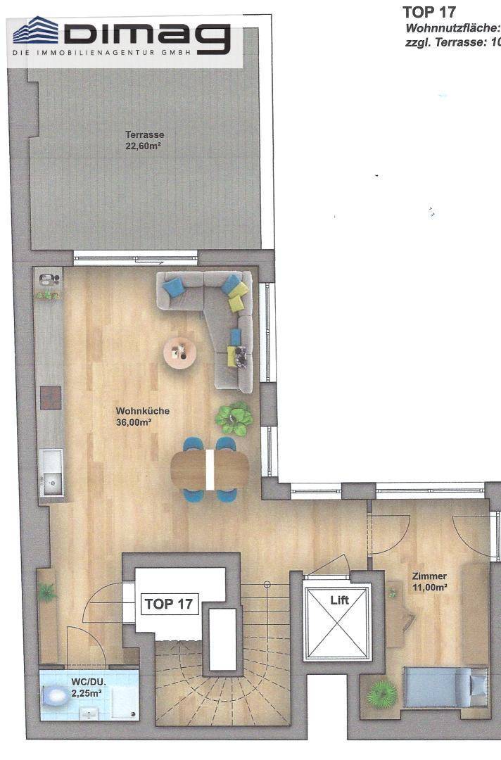 Grundriss der unteren Ebene mit Wohnküche, Terrasse und einem Zimmer.