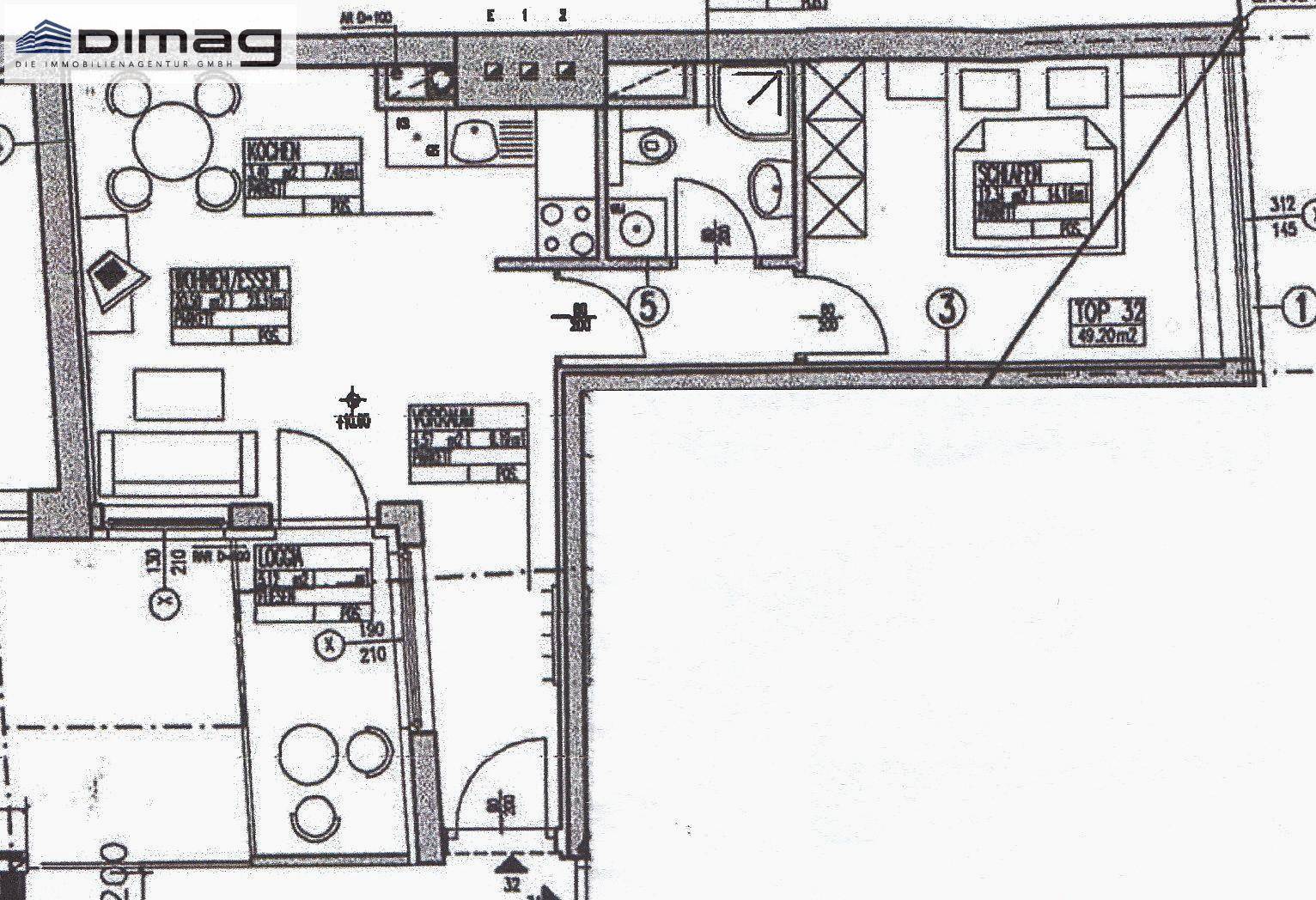 Grundriss einer Wohnung mit Schlafzimmer, Wohnküche und Loggia.