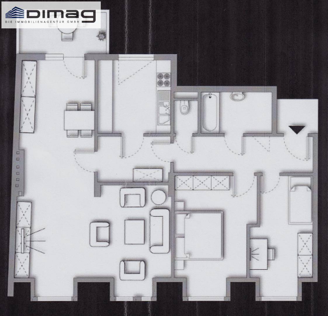 Detaillierter Grundriss einer Wohnung mit mehreren Zimmern und Bädern.
