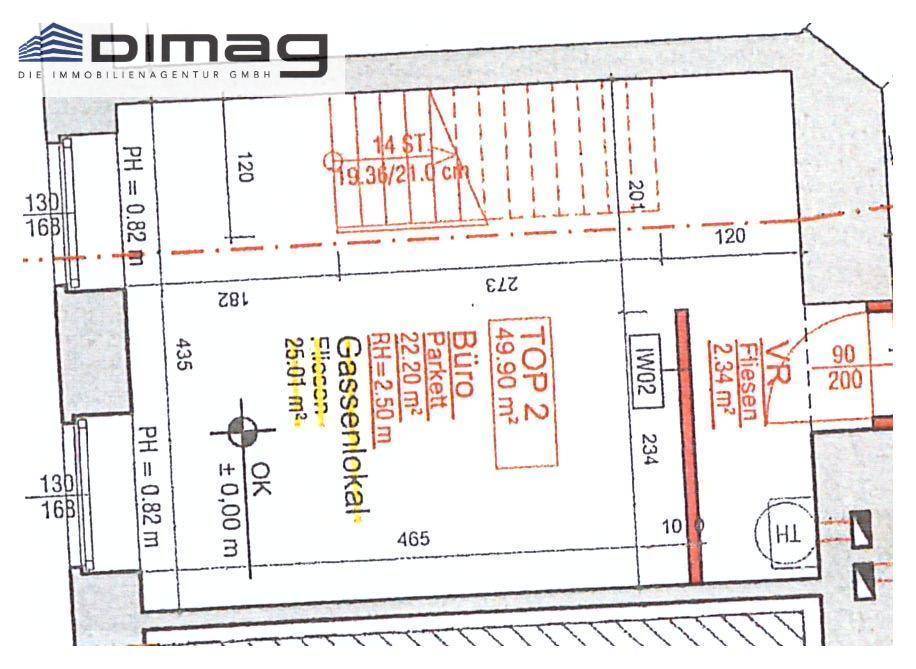 Grundrissplan für ein Büro und ein Gassenlokal mit Treppenhaus und verschiedenen Flächenangaben.