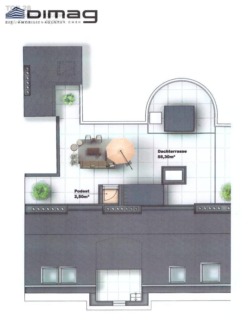 Grundriss der oberen Ebene mit großer Dachterrasse und Podestbereich.