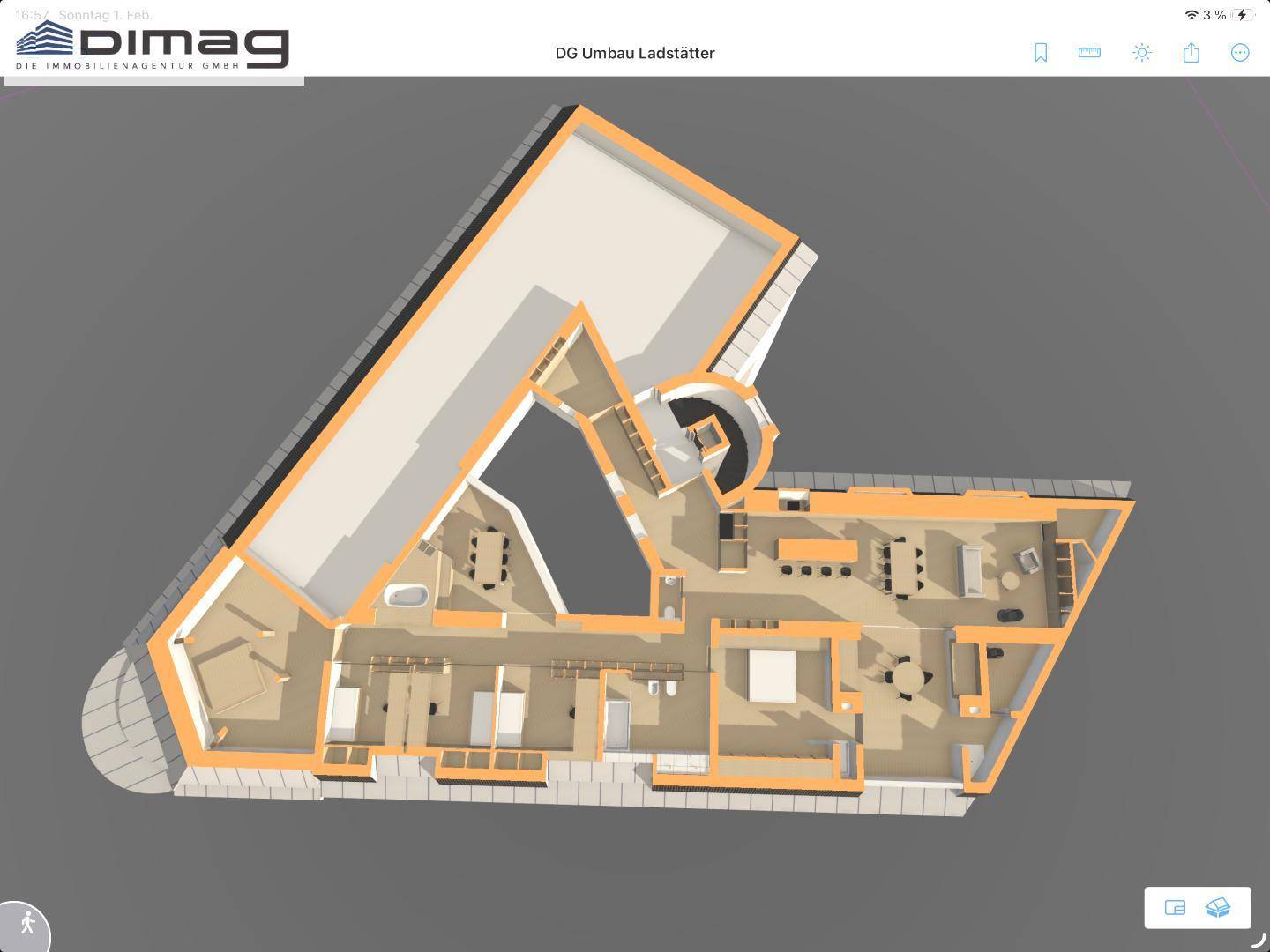 Detaillierter 3D-Grundriss des Dachgeschosses mit Möblierung und Raumfunktionen.