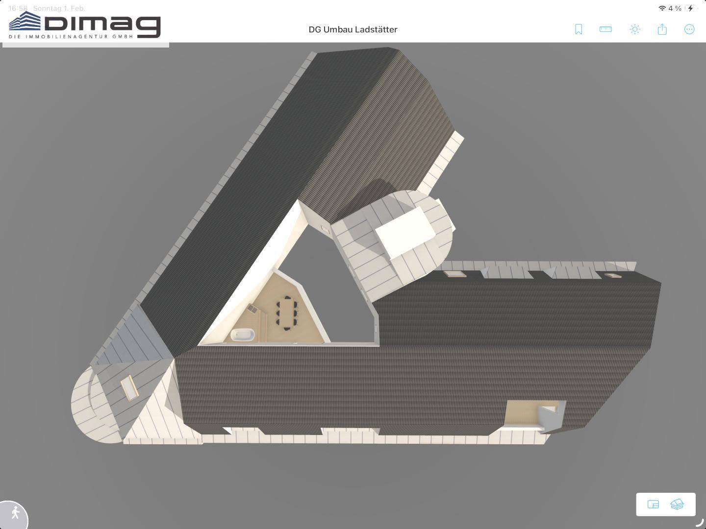 3D-Grundrissdarstellung des Dachgeschosses mit sichtbarer Dachschräge und Raumaufteilung.